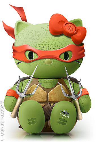 Hello Kitty crossed over with Raphael from Teenage Mutant Ninja Turtles