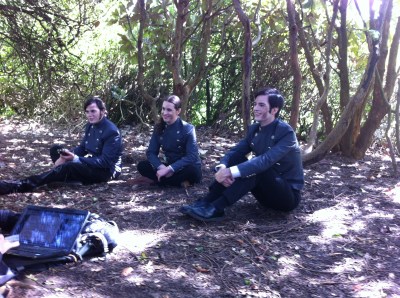 Joshua Layden (Robert Burns), Christopher Stanley (Magnus Grey), and Alasdair Reavey (Dorian Grey) filming the battle campfire scenes.