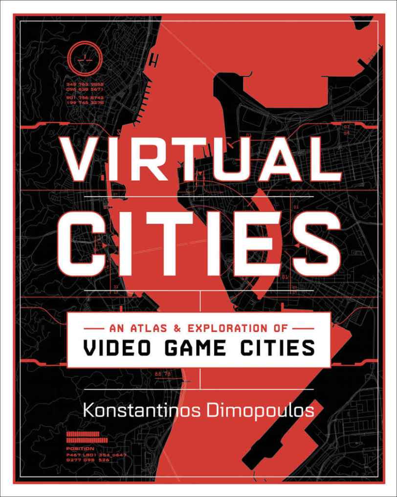 The cover of Virtual Cities. It's red, white, and black and has a vague idea of a map behind the title, subtitle, and author's name